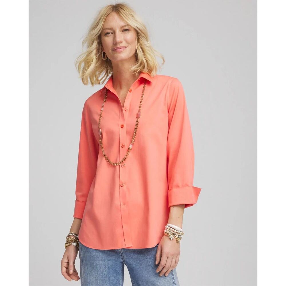Chico’s Womens 3 XL Linen Shirt Coral Summer Lagenlook Travel Friendly No Iron